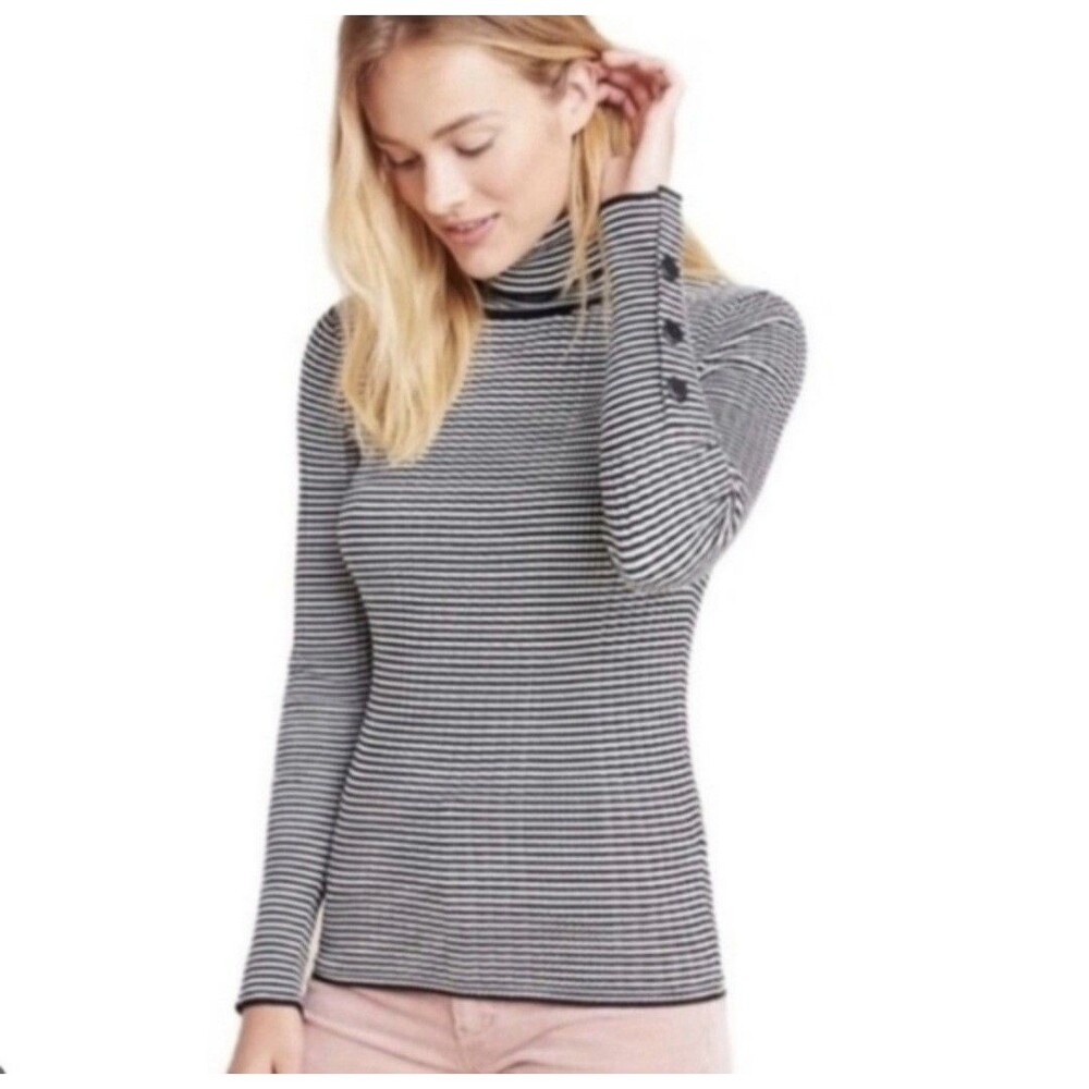 Anthropologie Ribbed Turtleneck Sweater Top Black White Women L Button Nautical